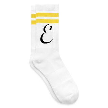Letter E, Name, der Buchstabe E - Gestreifte Tennissocken - Weiß/Gelb - Rechts