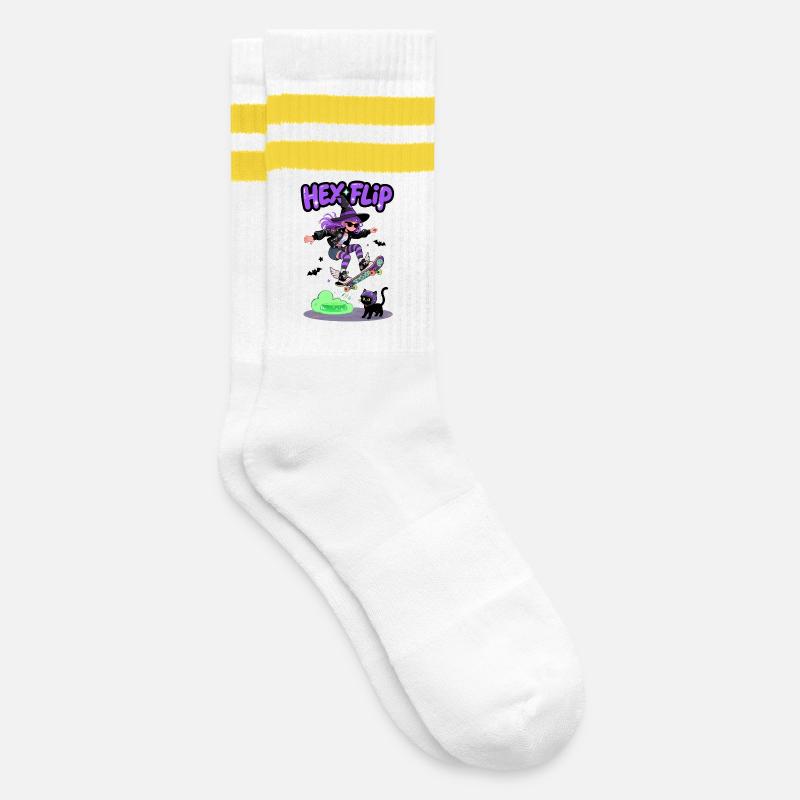 Hex Flip Witch Skateboard Design - Gestreifte Tennissocken - Weiß/Gelb