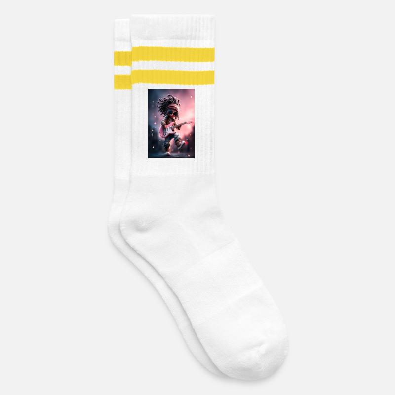 Dreadlock-Rock-Puppe mit rosa Gitarre - Gestreifte Tennissocken - Weiß/Gelb
