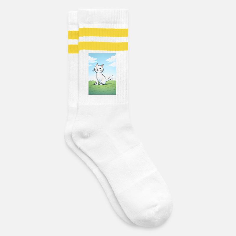 Weiße Katze mit frechen Blick - Gestreifte Tennissocken - Weiß/Gelb