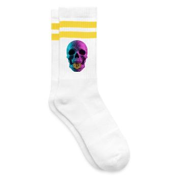 Bitcoin Skull Wireframe Design Cyan Magenta - Gestreifte Tennissocken - Weiß/Gelb - Rechts