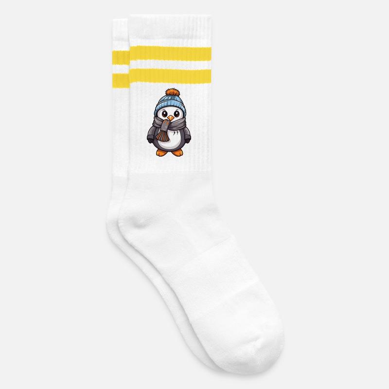 Pinguin Comic Niedlich Winter - Gestreifte Tennissocken - Weiß/Gelb