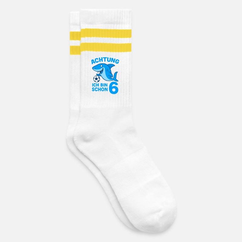 Achtung 6: Hai mit Ball - Gestreifte Tennissocken - Weiß/Gelb