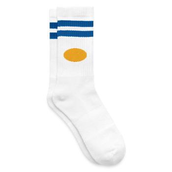 Ovaler Background schmutzig gold-gelb - Gestreifte Tennissocken - Weiß/Blau - Rechts