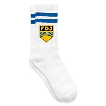 FDJ - Freie Deutsche Jugend Logo (dreifarbig) - Gestreifte Tennissocken - Weiß/Blau - Rechts