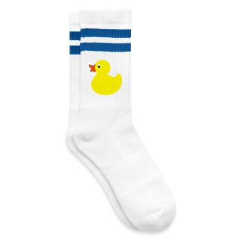 Lustige kleine Ente in gelb - Gestreifte Tennissocken - Weiß/Blau - Rechts