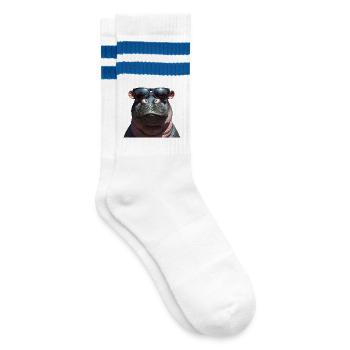 Nilpferd Flusspferd Hippo mit Sonnenbrille - Gestreifte Tennissocken - Weiß/Blau - Rechts
