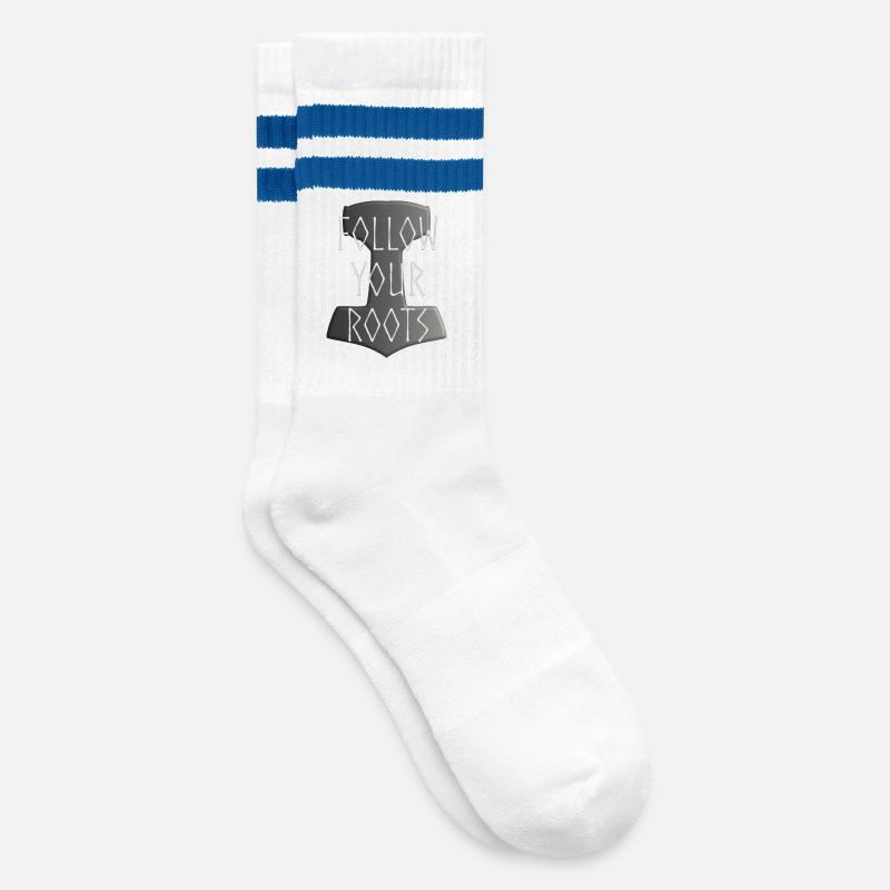 Mjölnir Donar Hammer Thor - Follow your Roots grau - Gestreifte Tennissocken - Weiß/Blau