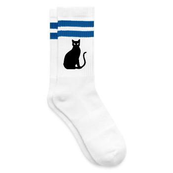 schwarze Katze Silhouette Geschenk Katzenliebhaber - Gestreifte Tennissocken - Weiß/Blau - Rechts