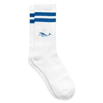 bright blue whale fish in the ocean with fountain - Striped tennis socks - white/blue - Right