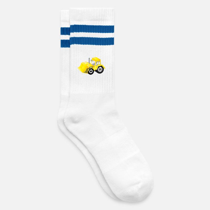 Strahlend gelber Bagger mit Power - Gestreifte Tennissocken - Weiß/Blau