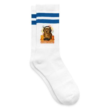Gamer-Eule auf Energie - Gestreifte Tennissocken - Weiß/Blau - Rechts