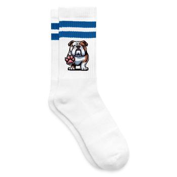 Englische Bulldogge Bully  Bullybesitzer Bullyfan - Gestreifte Tennissocken - Weiß/Blau - Rechts