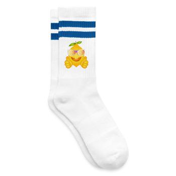 Coole Zitrone mit Sonnenbrille – Comicfrucht - Gestreifte Tennissocken - Weiß/Blau - Rechts