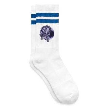 Cooler Schneeleopard Raubkatze vor Mondsichel Mond - Gestreifte Tennissocken - Weiß/Blau - Rechts