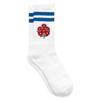 Blume rot rote Blume Blumen Gänseblümchen - Gestreifte Tennissocken - Weiß/Blau - Rechts