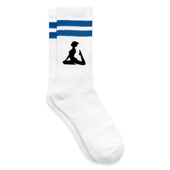 Yoga Silhouetten schwarz Schattenfigur Meditation - Gestreifte Tennissocken - Weiß/Blau - Rechts