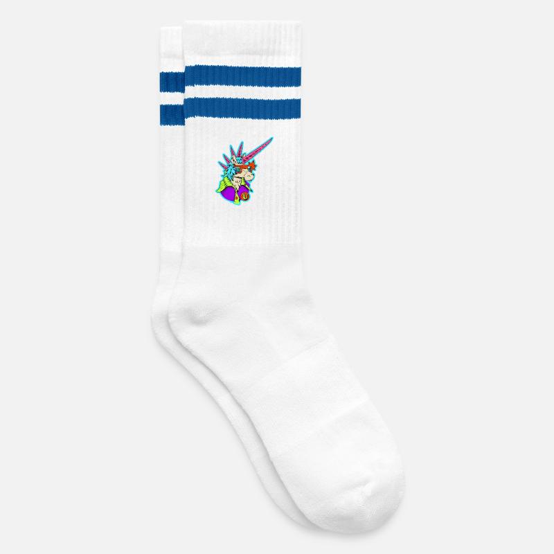 Neon-Einhorn Retro-Rocker - Gestreifte Tennissocken - Weiß/Blau