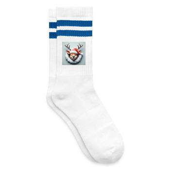 Lachendes Rentier mit Kranz - Gestreifte Tennissocken - Weiß/Blau - Rechts