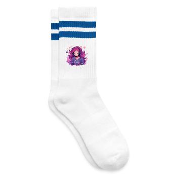 Verträumtes Gamer Girl Musik Headset Shirt - Gestreifte Tennissocken - Weiß/Blau - Rechts