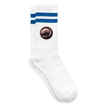 eleganter Kirschblüten Bonsai-Baum auf Halbmond - Gestreifte Tennissocken - Weiß/Blau - Rechts