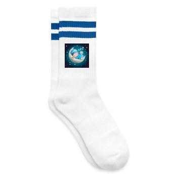 Schlafender Junge auf dem Mond mit einer Eule. - Gestreifte Tennissocken - Weiß/Blau - Rechts