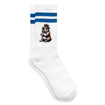 Englische Bulldogge Bully  Bullybesitzer Bullyfan - Gestreifte Tennissocken - Weiß/Blau - Rechts