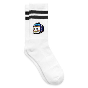 Lokomotive, Zug, Eisenbahn - Gestreifte Tennissocken - Weiß/Schwarz - Rechts