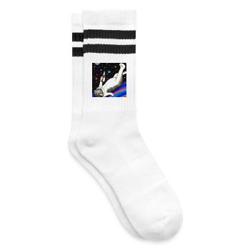 Drunk cat in space. - Striped tennis socks - white/black - Right