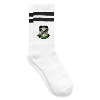 Axt Holz Säge Spruch Holzarbeit Holzfäller Wald - Gestreifte Tennissocken - Weiß/Schwarz - Rechts