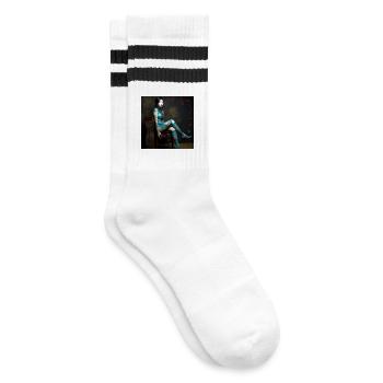 Porträt Frau 05 Tatoo Tippfehler - Gestreifte Tennissocken - Weiß/Schwarz - Rechts