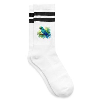 Watercolor Blue Macaw - Striped tennis socks - white/black - Right