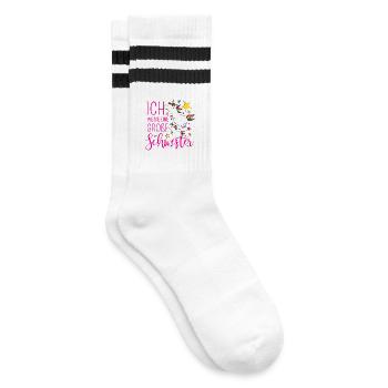 Große Schwester Einhorn Einhörner pink Sterne bunt - Gestreifte Tennissocken - Weiß/Schwarz - Rechts