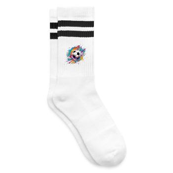 Fussball, Soccer, bunt, farbenfroh, Klecks - Gestreifte Tennissocken - Weiß/Schwarz - Rechts