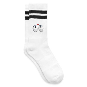 Pinguine in Love - Pinguin - Vogel - Liebe - Herz - Gestreifte Tennissocken - Weiß/Schwarz - Rechts