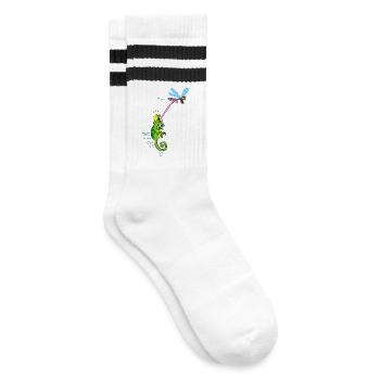 Chamäleon und Libellen - Gestreifte Tennissocken - Weiß/Schwarz - Rechts