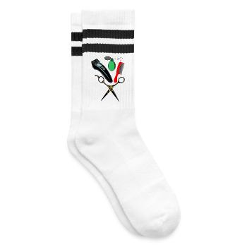 Bunter Kamm, Schere, Rasierer gut riechend - Gestreifte Tennissocken - Weiß/Schwarz - Rechts