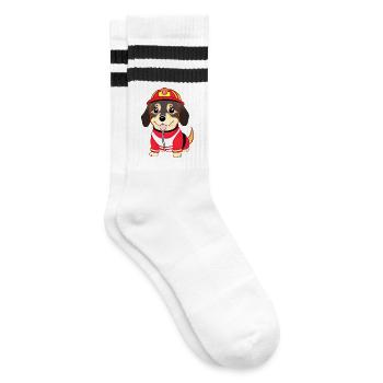 Welpe, Hund als Feuerwehrmann - Gestreifte Tennissocken - Weiß/Schwarz - Rechts