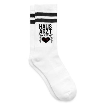 Hausarzt mit Herz Geschenk - Gestreifte Tennissocken - Weiß/Schwarz - Rechts