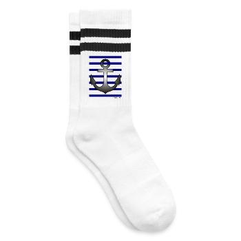 Das Marine Polo Shirt – blau gestreifter nautischer Anker - Gestreifte Tennissocken - Weiß/Schwarz - Rechts