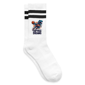 Basketball T-Rex Dinosaurier Träume Geschenk - Gestreifte Tennissocken - Weiß/Schwarz - Rechts