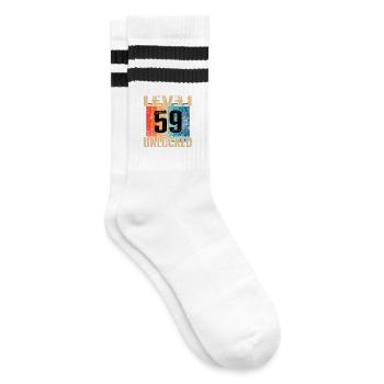 Geburtstag Happy Birthday Level Unlocked 59 Jahre - Gestreifte Tennissocken - Weiß/Schwarz - Rechts