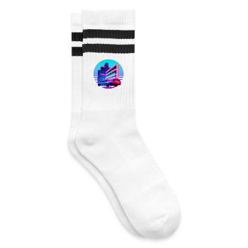 Retro Wave 80s Vaporwave Sunset - Gestreifte Tennissocken - Weiß/Schwarz - Rechts