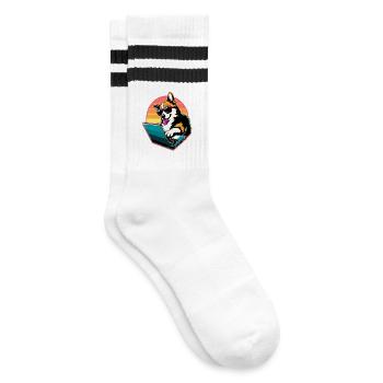 Corgi mit Laptop Welsh Corgi Hund - Gestreifte Tennissocken - Weiß/Schwarz - Rechts