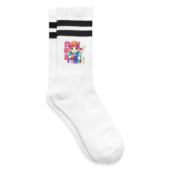Radfahrender Anime Katze Neko - Gestreifte Tennissocken - Weiß/Schwarz - Rechts