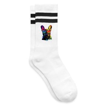 Französische Bulldogge Hund Motiv Dogge Frenchie - Gestreifte Tennissocken - Weiß/Schwarz - Rechts