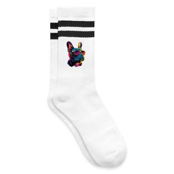 Französische Bulldogge Hund Motiv Dogge Frenchie - Gestreifte Tennissocken - Weiß/Schwarz - Rechts