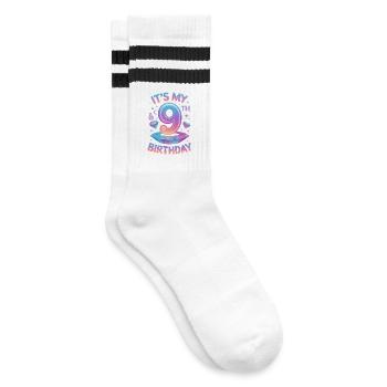 Herzlichen Glückwunsch zum 9. Geburtstag! - Gestreifte Tennissocken - Weiß/Schwarz - Rechts