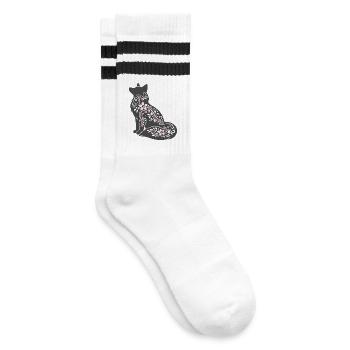 Blumenverzierte Katzen-Silhouette - Gestreifte Tennissocken - Weiß/Schwarz - Rechts