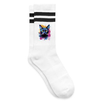 Splash Art Bombay Cat Face Colorful - Striped tennis socks - white/black - Right